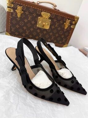 Dior Black Polka-Dot Mesh Slingback Kitten Heels